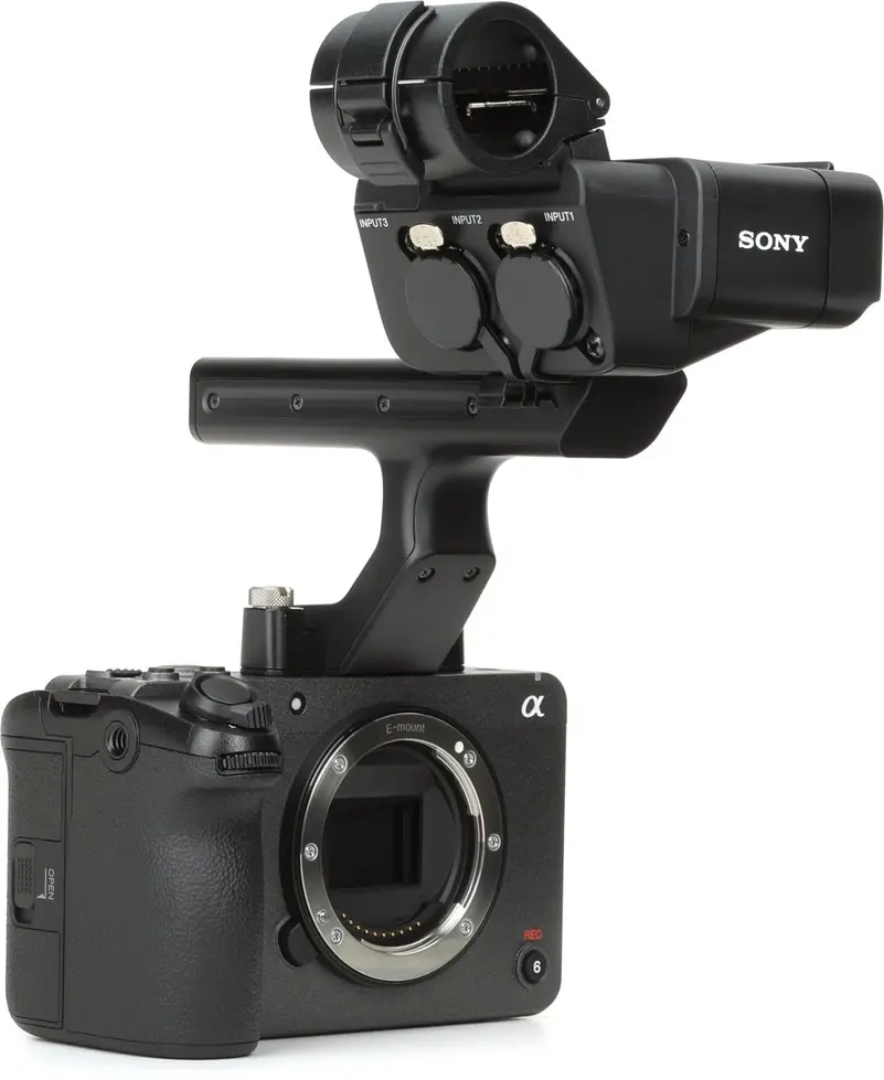 Black Sony camera and handle, professional equipment, angled shot, Vescar.