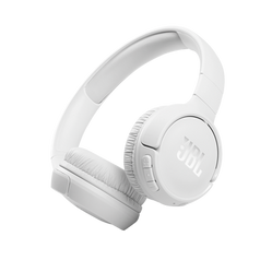 White JBL headphones, side view of the earcups, with the brand logo.
