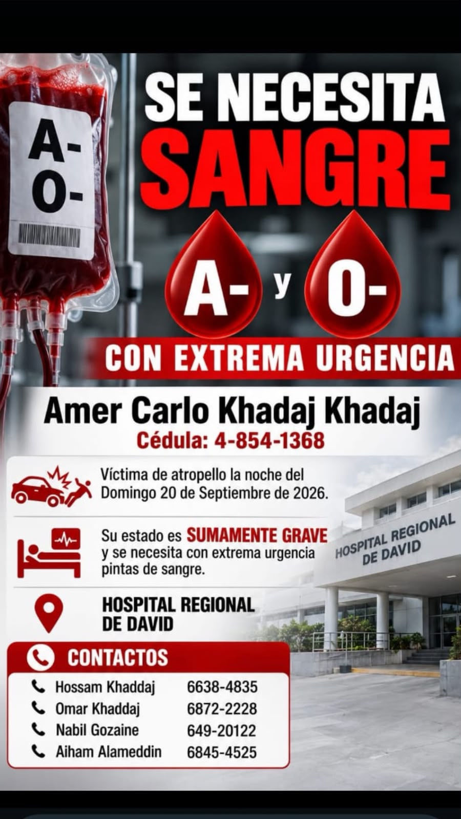 Amer Carlo, de 16 años, permanece grave tras atropello en Dolega; familia pide donantes de sangre