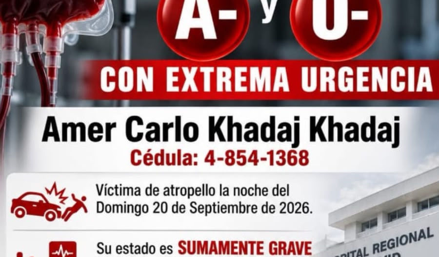 Amer Carlo, de 16 años, permanece grave tras atropello en Dolega; familia pide donantes de sangre