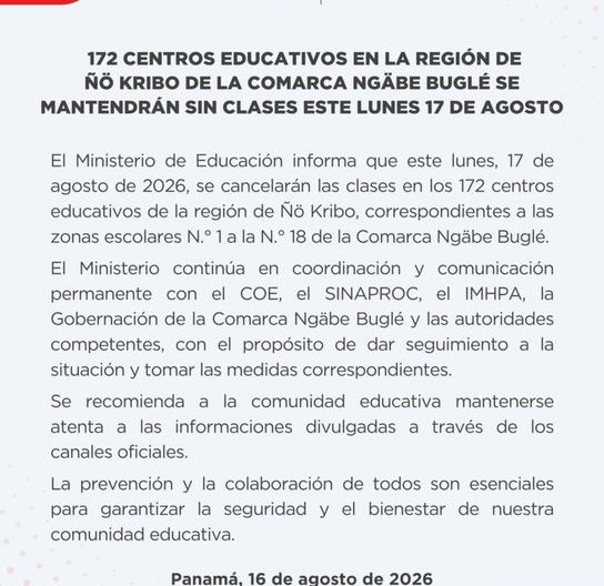 MEDUCA suspende clases este lunes en Bocas del Toro y 172 escuelas de Ñö Kribo por condiciones climáticas