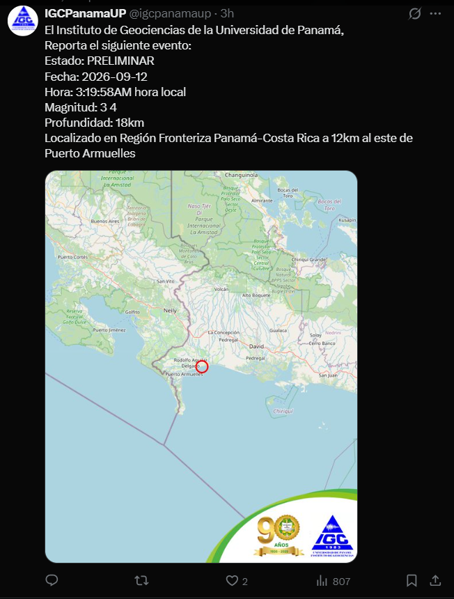 Tres nuevos sismos se registran en Chiriquí durante la madrugada tras movimiento de magnitud 5.4