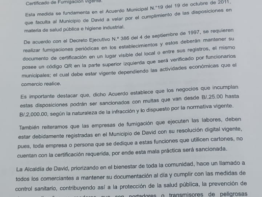 Comercios en David deberán presentar certificado de fumigación vigente o enfrentar sanciones