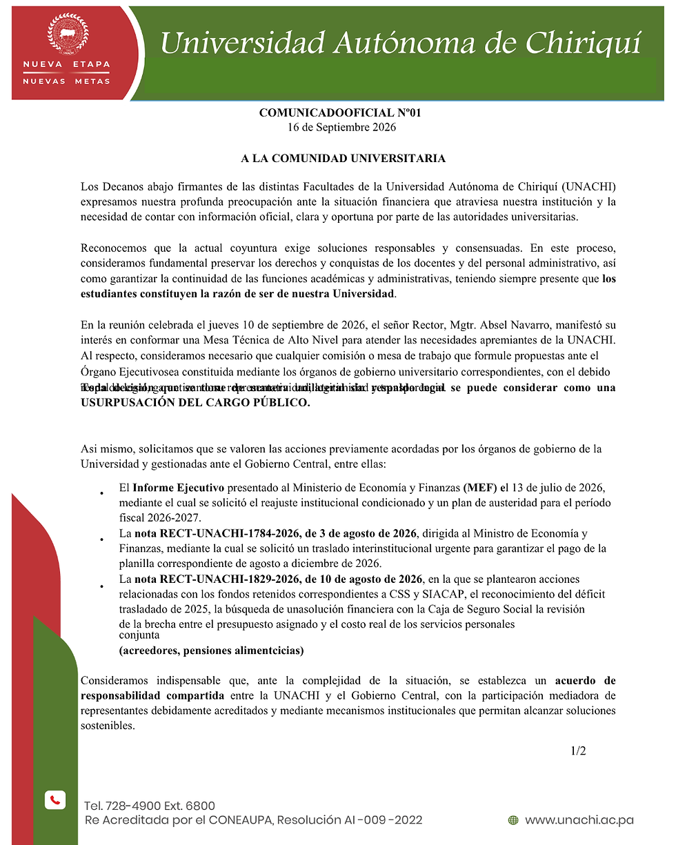 Decanos de la UNACHI piden respaldo legal y transparencia para mesa que negocie salida a crisis financiera