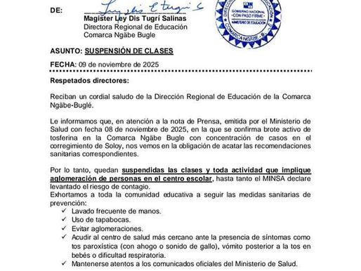 Suspenden clases en Soloy por brote activo de tosferina en la comarca Ngäbe Buglé