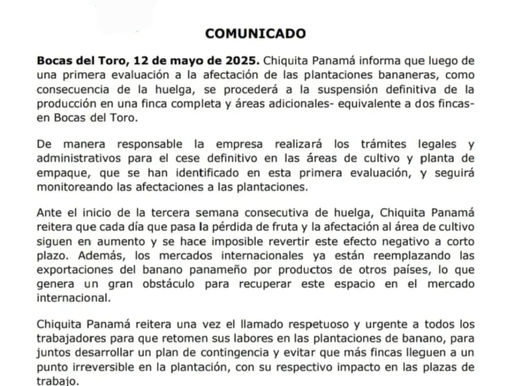 Chiquita Panamá anuncia cierre definitivo de tres fincas bananeras en Bocas del Toro por efectos de huelga