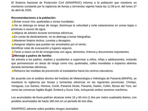 Alerta preventiva por lluvias y tormentas en Chiriquí: autoridades piden extremar medidas hasta el 27 de abril