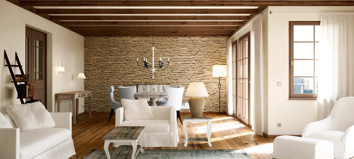 Interno rustico con arredi contemporanei, pietra naturale e legno originale