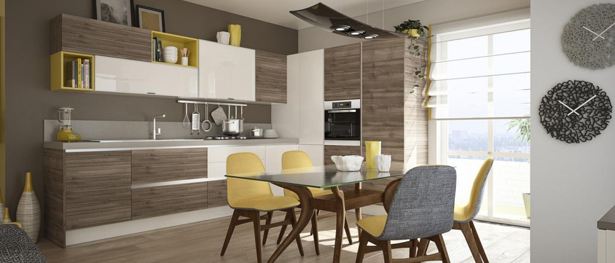 Cucina con mix di giallo, bianco e legno naturale per un ambiente caldo e vivace