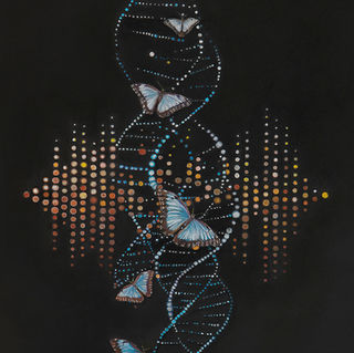 Entitled' Transformation,' this artwork is a visual representation of spiritual evolution featuring a helix at its center symbolizing the nature of life and growth. The butterflies dance amidst the frequencies, embodying the beauty of metamorphosis and transcendence.