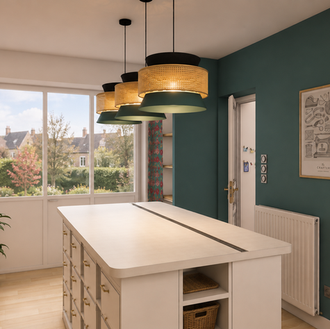 Reconfiguration complète d’une maison de 77 m² 
pour accueillir une famille et un atelier de couture, dans une approche ludique, colorée et fonctionnelle.