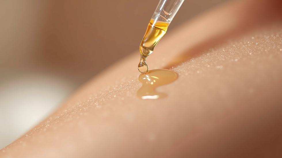 Close-up view of a dropper releasing serum onto skin