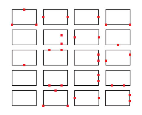 A typographic composition made up of equal rectangles arranged in several rows, which are distinguished from each other by red squares arranged around the perimeter of those rectangles and which in this way form letters