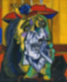 A colorful and distorted portrait by Pablo Picasso. The subject's face is fragmented and contorted, with tears streaming down