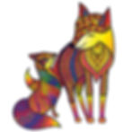 A stylized illustration of two foxes, one slightly larger than the other, with intricate patterns and designs on their bodies