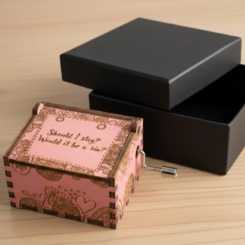 Cute & Colorful pink wooden music box. Handcrafted with custom engraving: "Should I stay?" Unique sentimental gift w/ box.