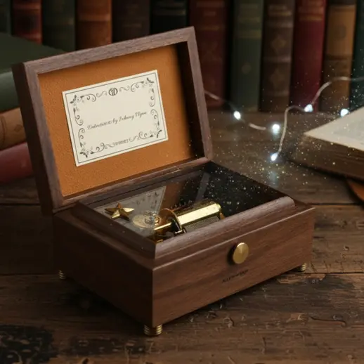 Miniatură: Open music box on a rustic desk with books, showing magical lights and a small star trinket. Whimsical & Inspiring.