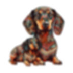 A stylized illustration of two dachshund dogs, one slightly larger than the other, with intricate patterns and designs.
