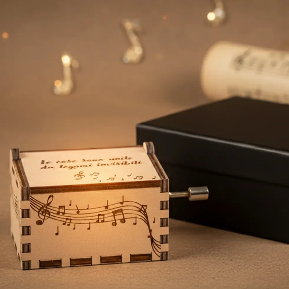 Cute, colorful, different handcrafted wooden music box with engraved musical notes. Custom quote & gift box.