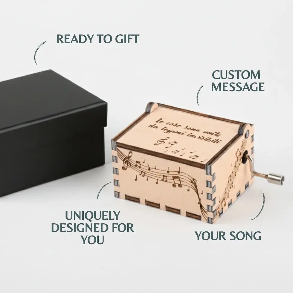 Thumbnail: Custom wooden music box features: Custom message, Your song, Uniquely designed, and Ready to Gift black box included.