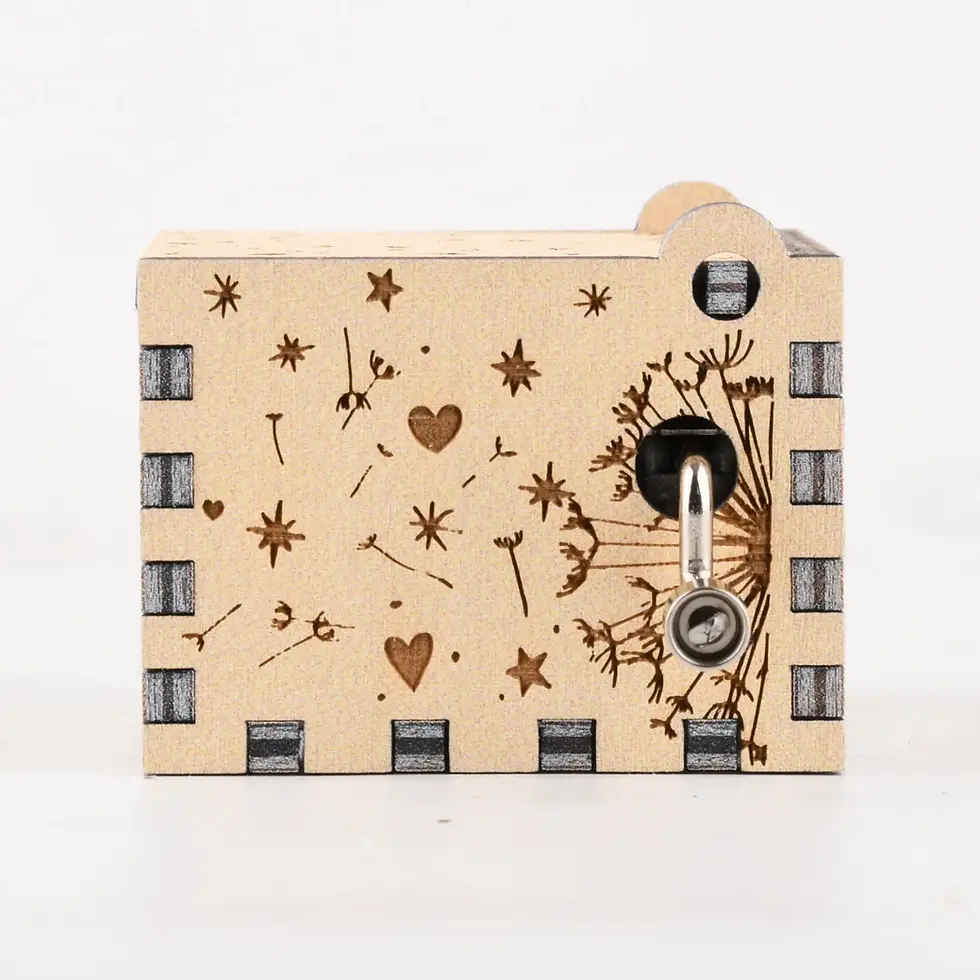 Miniatura: Side view of a small wooden music box featuring a whimsical dandelion design; perfect sentimental anniversary gift.