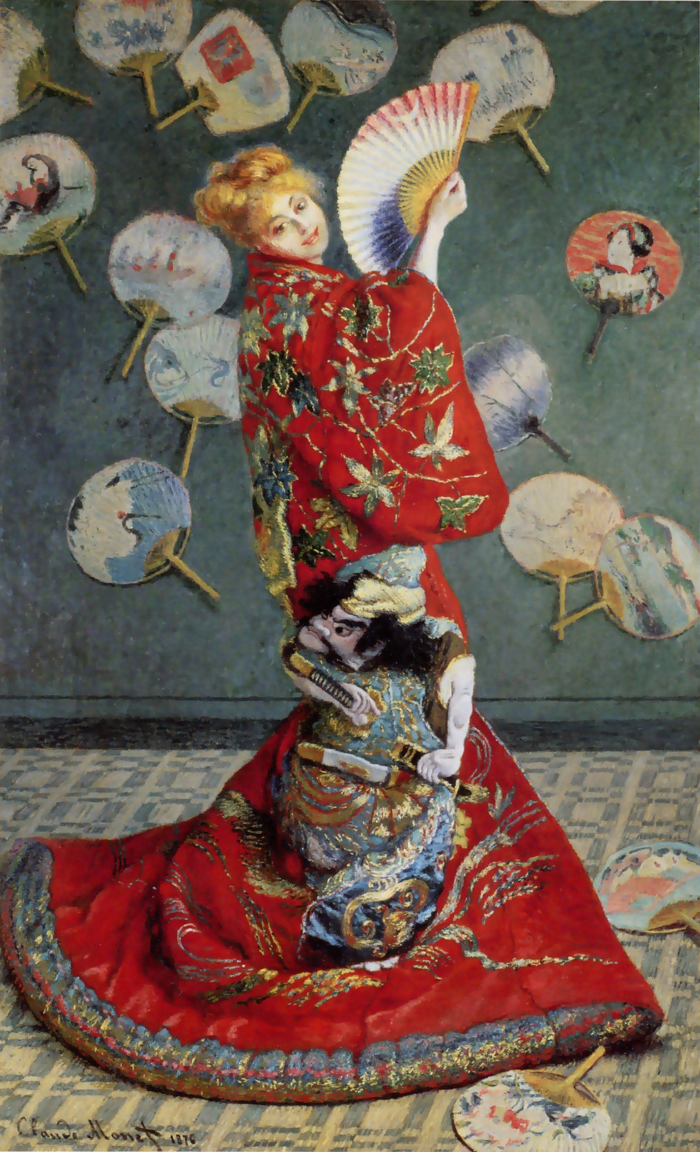 Claude Monet's painting "La Japonaise" shows his wife Camille posing in a vibrant red kimono, holding a fan.