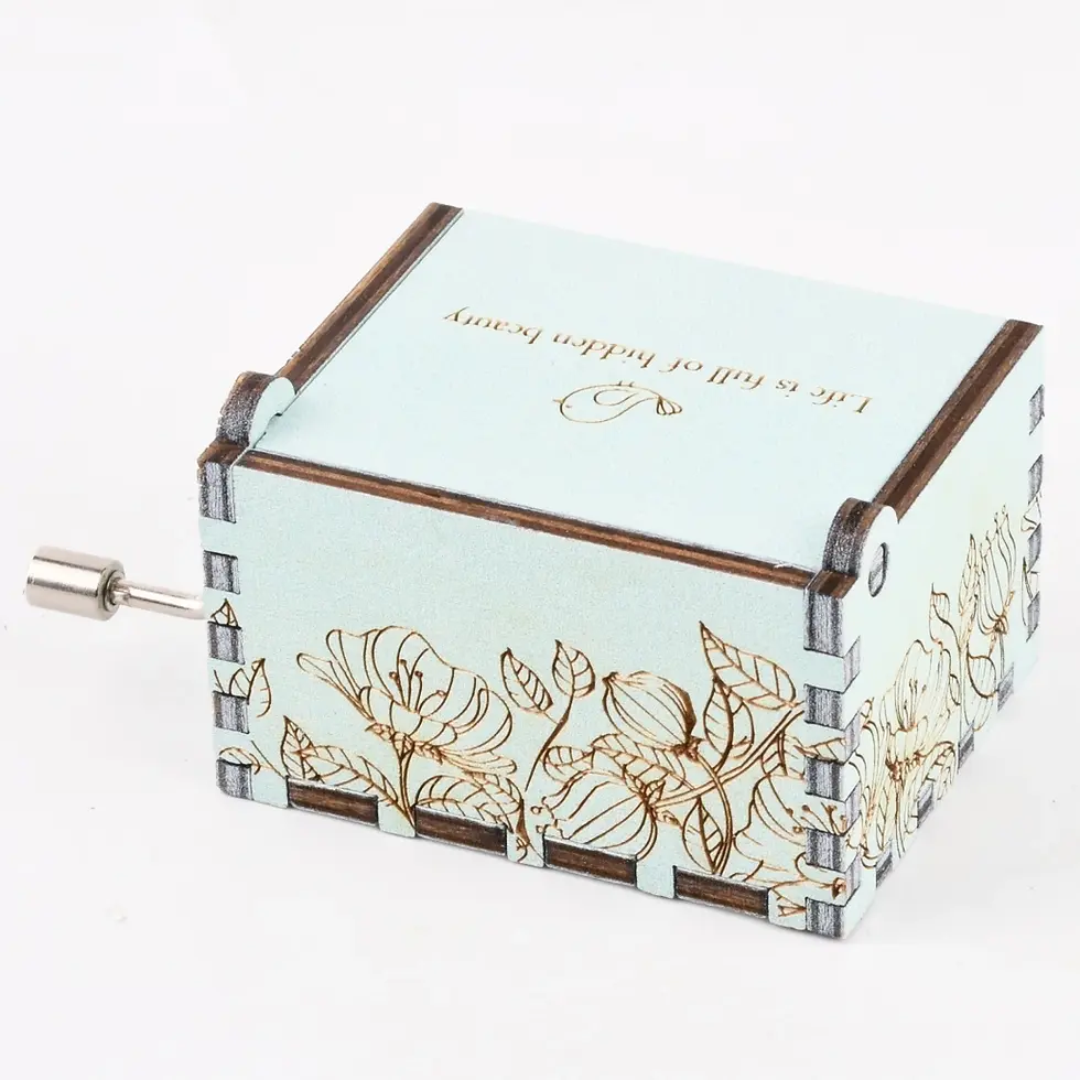 Thumbnail: Engraved mint music box with floral pattern and inspirational bird quote: "Life is full of hidden beauty." Custom gift.