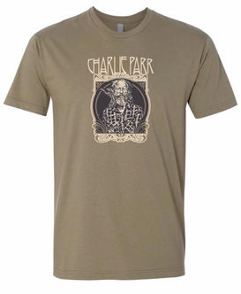 Olive green t-shirt with graphic that says