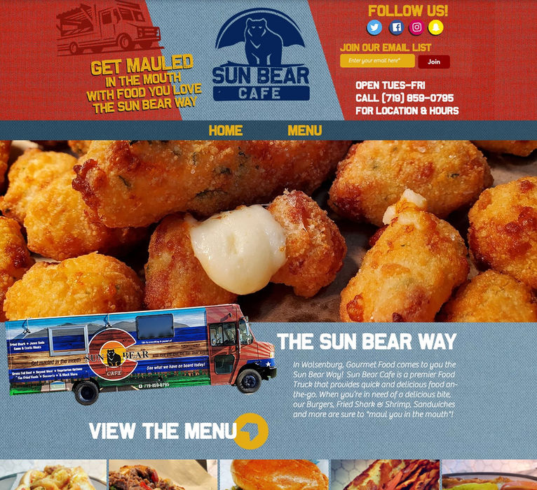 Sun Bear Cafe banner with logo and menu options, Home, View Menu, food.