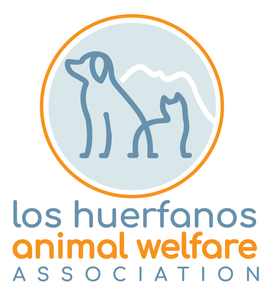 Los Huerfanos Animal Welfare Association logo with dog, cat, and mountains.