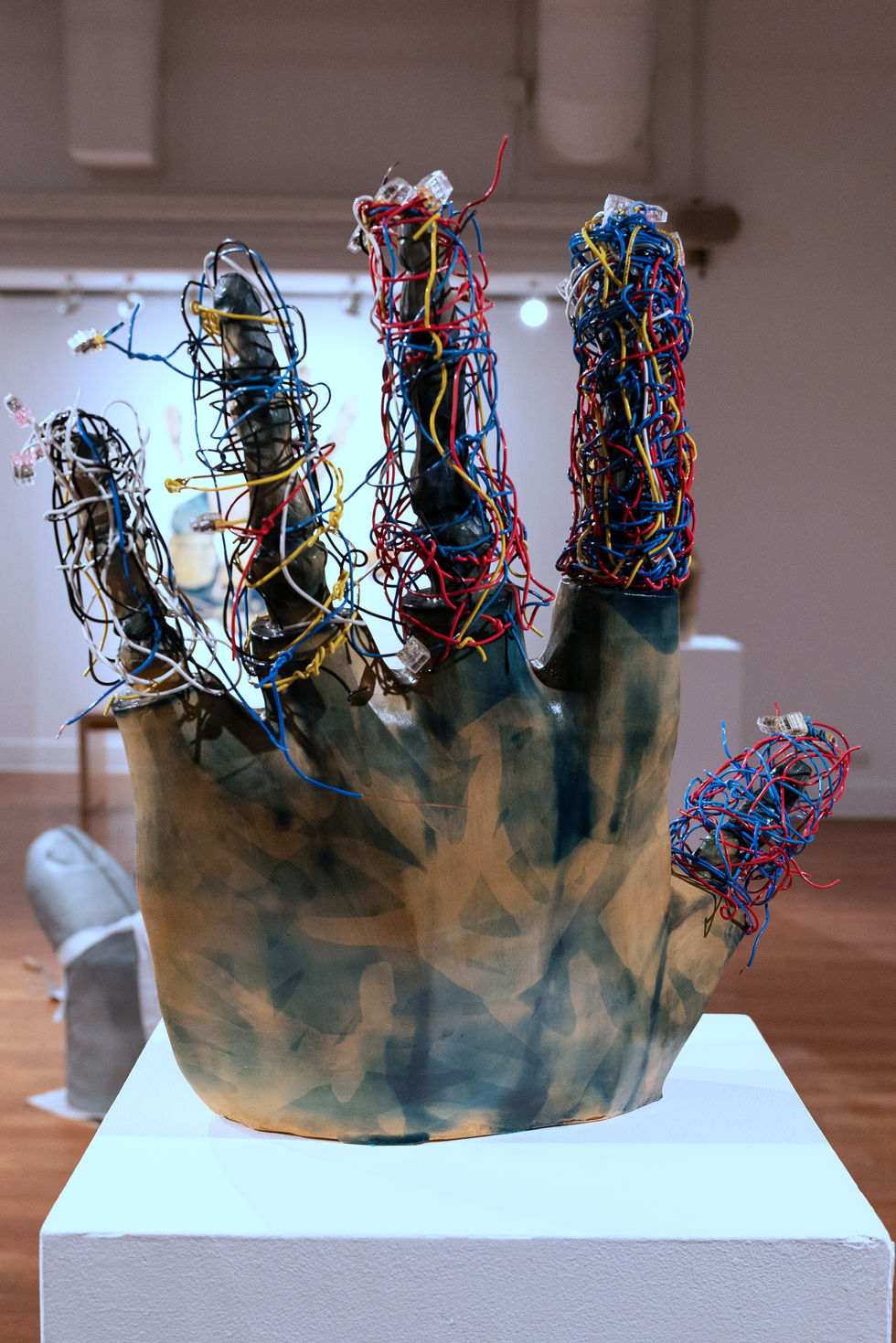 Nightengale III, diamonds, rubies, and sapphires, Earthenware, electric fired to 955°c, cyanotype, found wire, rustoleum finish, 2025:2026, 23"x23"x8", Back View
