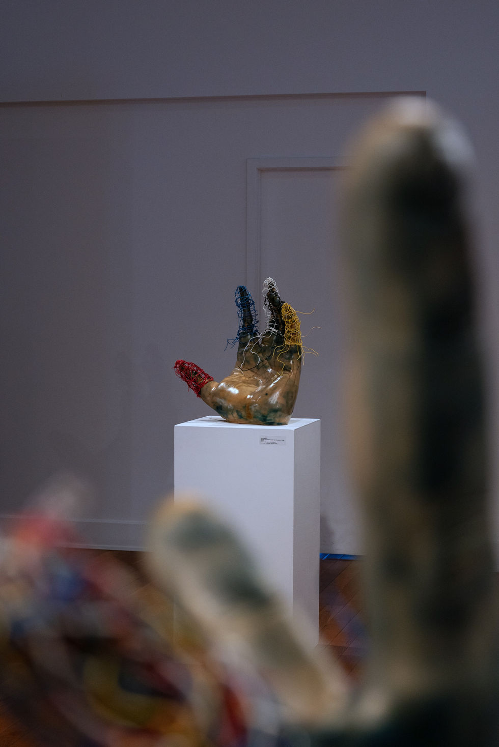 Nightengale II, did they say machines outta take the place of living, Earthenware, electric fired to 955°c, cyanotype, found wire, rustoleum finish, 2025:2026, 22"x21"x10", Distance View