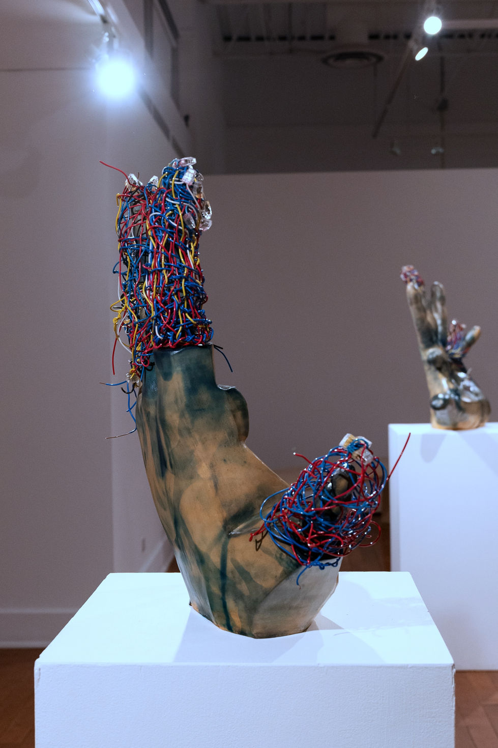 Nightengale III, diamonds, rubies, and sapphires, Earthenware, electric fired to 955°c, cyanotype, found wire, rustoleum finish, 2025:2026, 23"x23"x8", Left side View