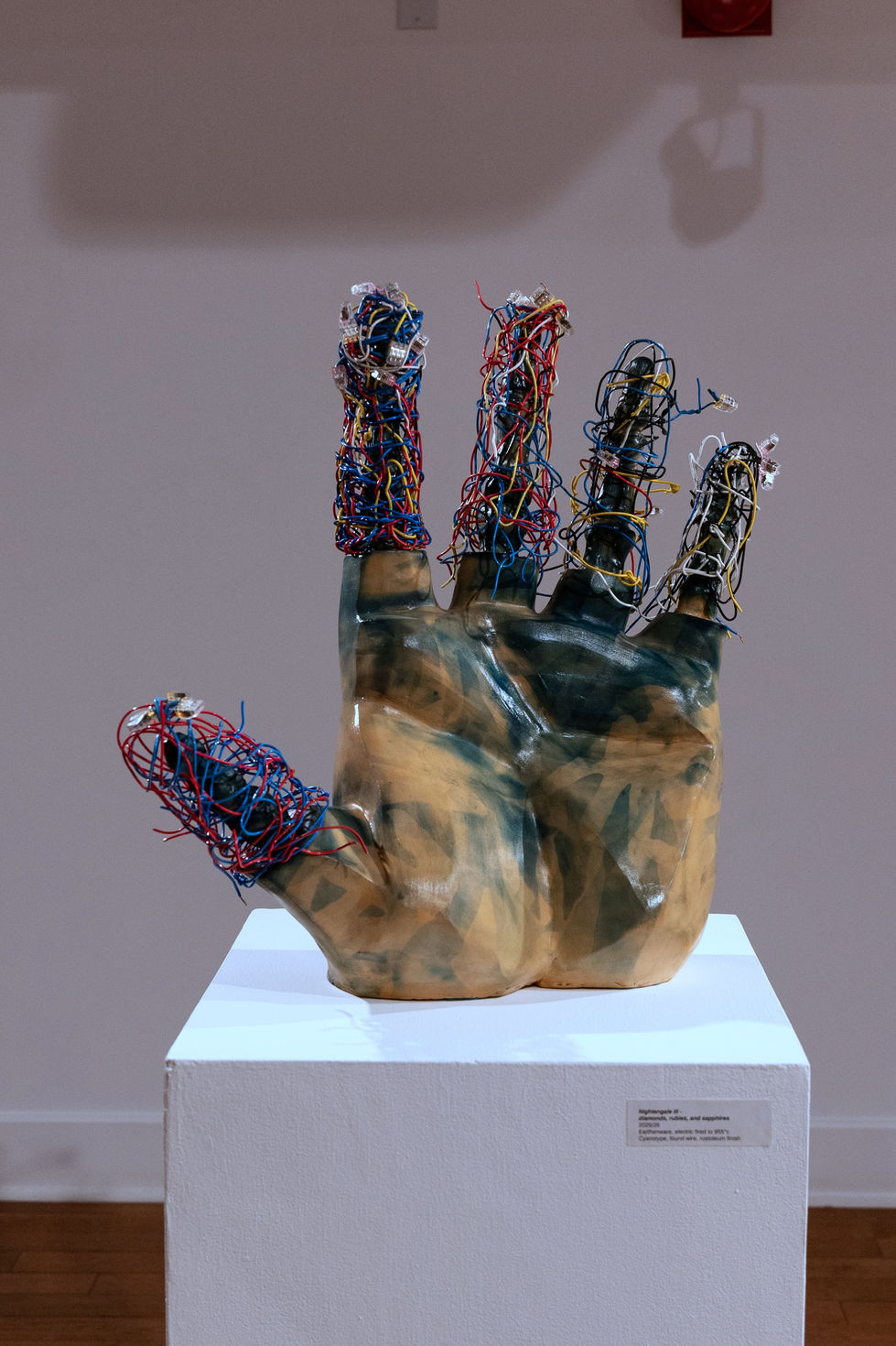 Nightengale III, diamonds, rubies, and sapphires, Earthenware, electric fired to 955°c, cyanotype, found wire, rustoleum finish, 2025:2026, 23"x23"x8", Front View