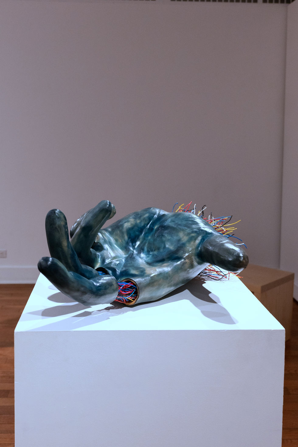 Nightengale V, less competent and confident, Earthenware, electric fired to 955°c, cyanotype, found wire, rustoleum finish, 2025:2026, 11.5"x32"x22", right side View