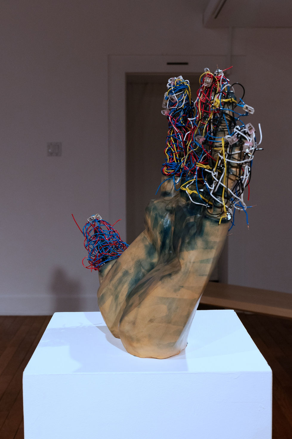 Nightengale III, diamonds, rubies, and sapphires, Earthenware, electric fired to 955°c, cyanotype, found wire, rustoleum finish, 2025:2026, 23"x23"x8", Right side View