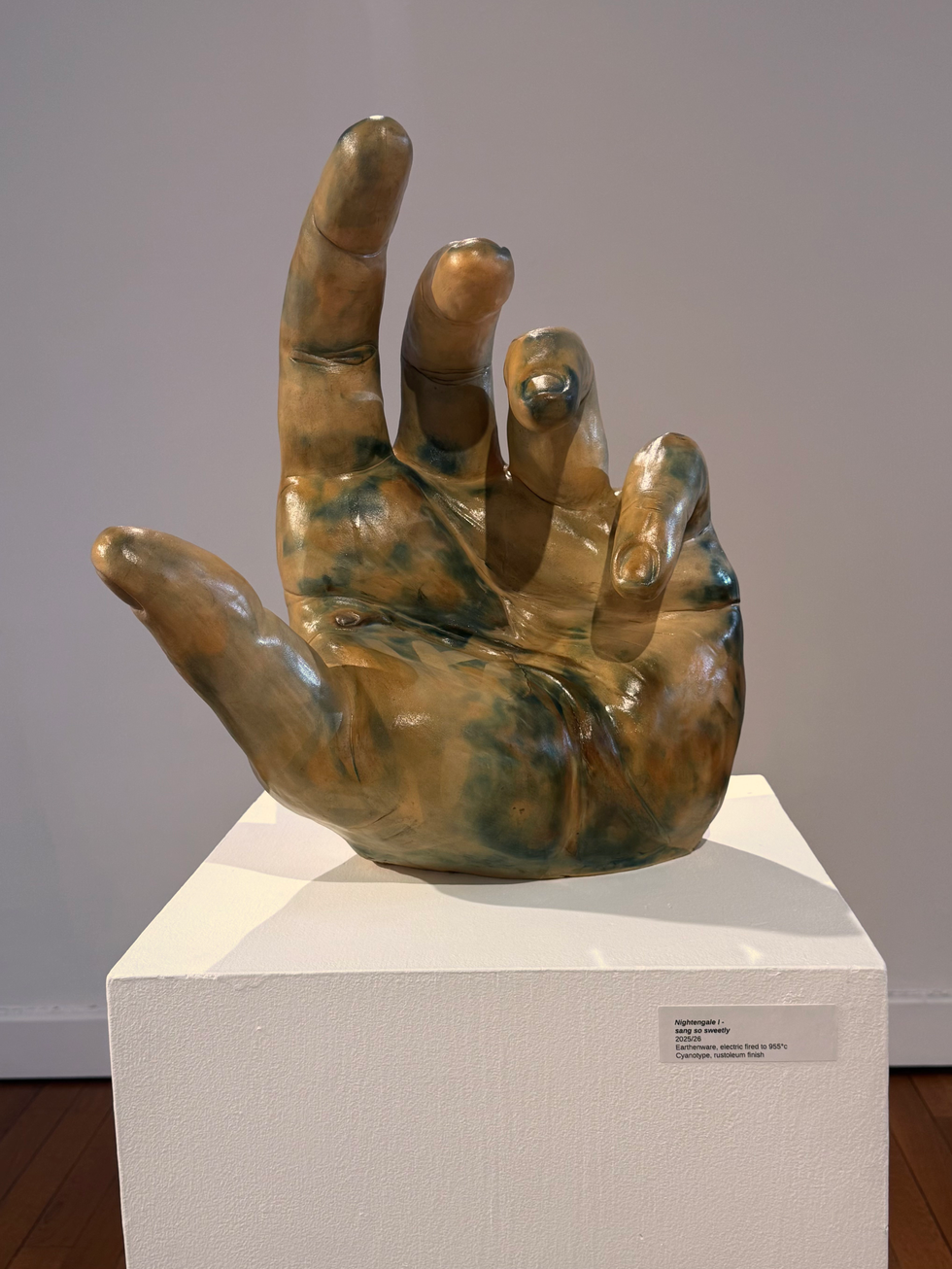 Nightengale I, Sang so sweetly, Earthenware, electric fired to 955°c, cyanotype, rustoleum finish, 2025-2026, 20x18x9.5 inches, Front View