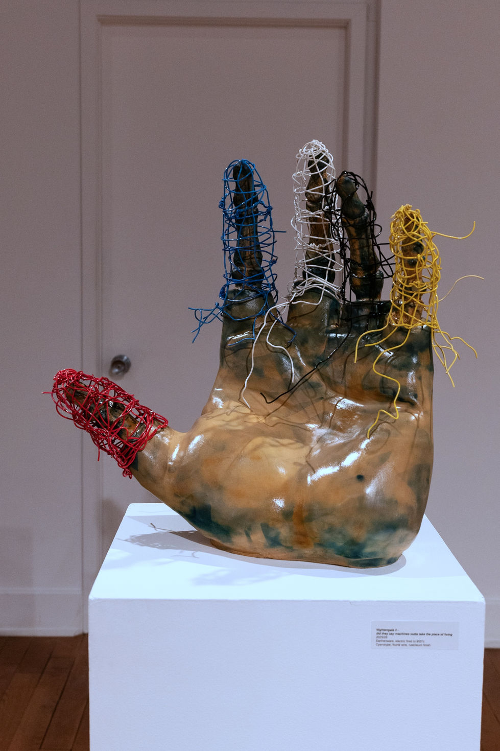 Nightengale II, did they say machines outta take the place of living, Earthenware, electric fired to 955°c, cyanotype, found wire, rustoleum finish, 2025:2026, 22"x21"x10", Front View