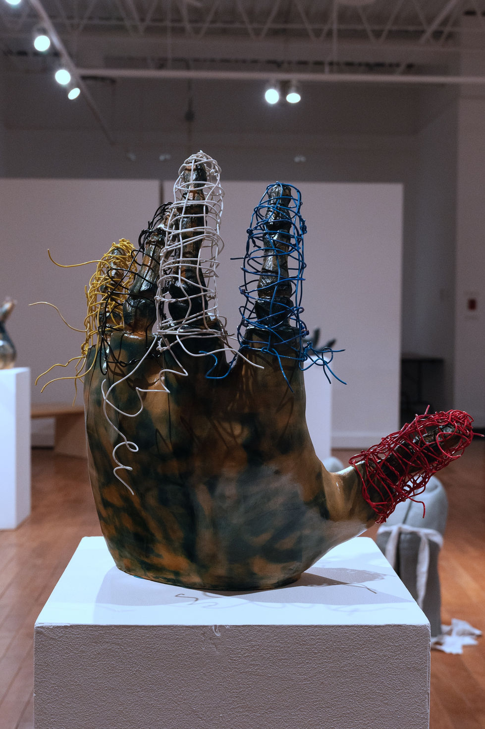 Nightengale II, did they say machines outta take the place of living, Earthenware, electric fired to 955°c, cyanotype, found wire, rustoleum finish, 2025:2026, 22"x21"x10", Back View