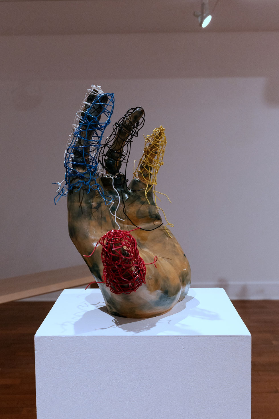 Nightengale II, did they say machines outta take the place of living, Earthenware, electric fired to 955°c, cyanotype, found wire, rustoleum finish, 2025:2026, 22"x21"x10", Left Side View