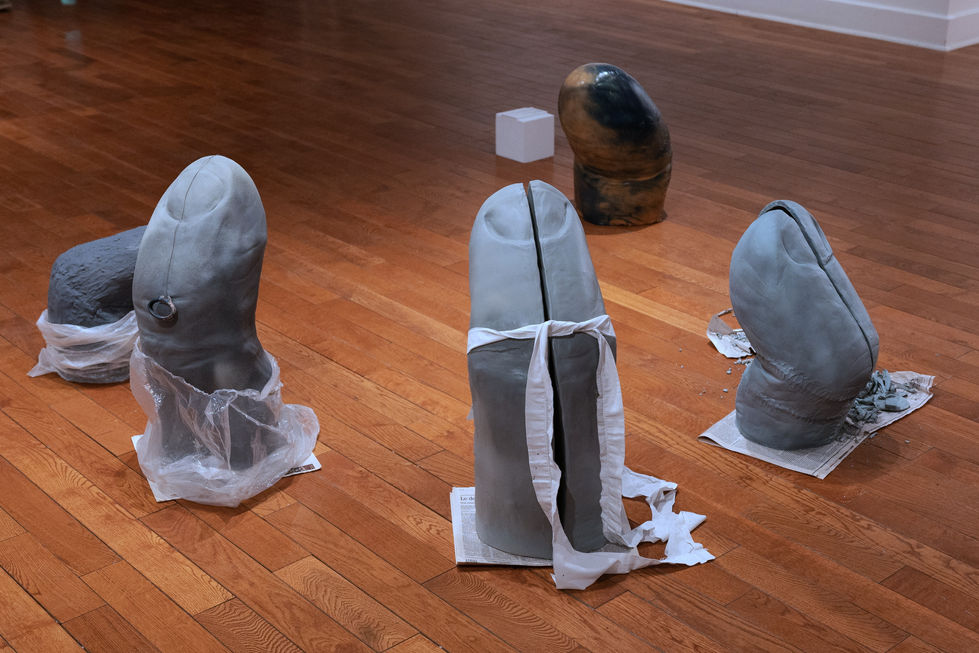 Manual Override, stay ahead of the robots and death with a burst of song, Earthenware, electric fired to 955°c, cyanotype, spray paint, plastic, clay tools, newspaper,  rustoleum finish, 2026, ~ 42" x 50" x 24", Back Higher view