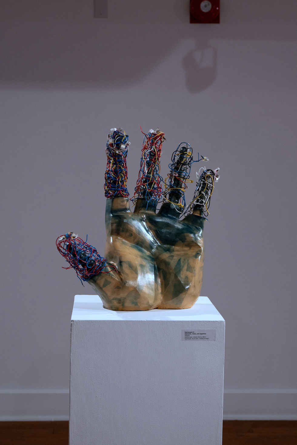 Nightengale III, diamonds, rubies, and sapphires, Earthenware, electric fired to 955°c, cyanotype, found wire, rustoleum finish, 2025:2026, 23"x23"x8", Front Distance View