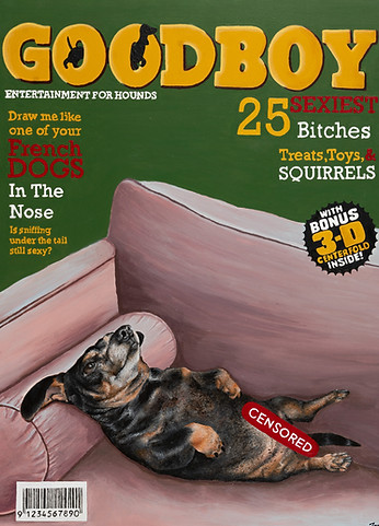 dachshund dog reclined onto a couch with lettering around. painted with acrylic paint.