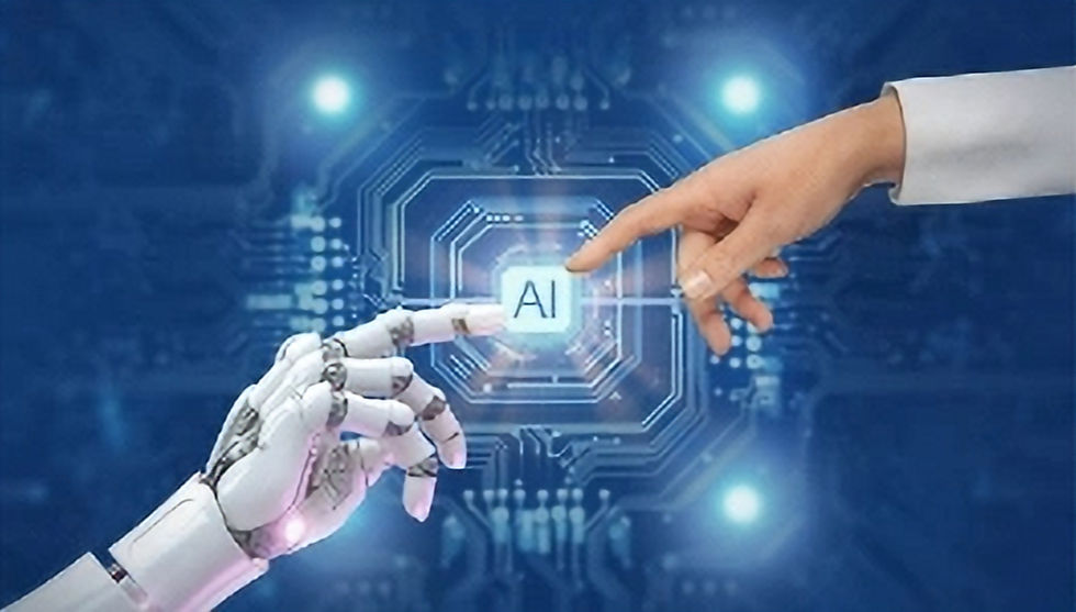 a robot and a human hand pointing a finger to each other with a tech background
