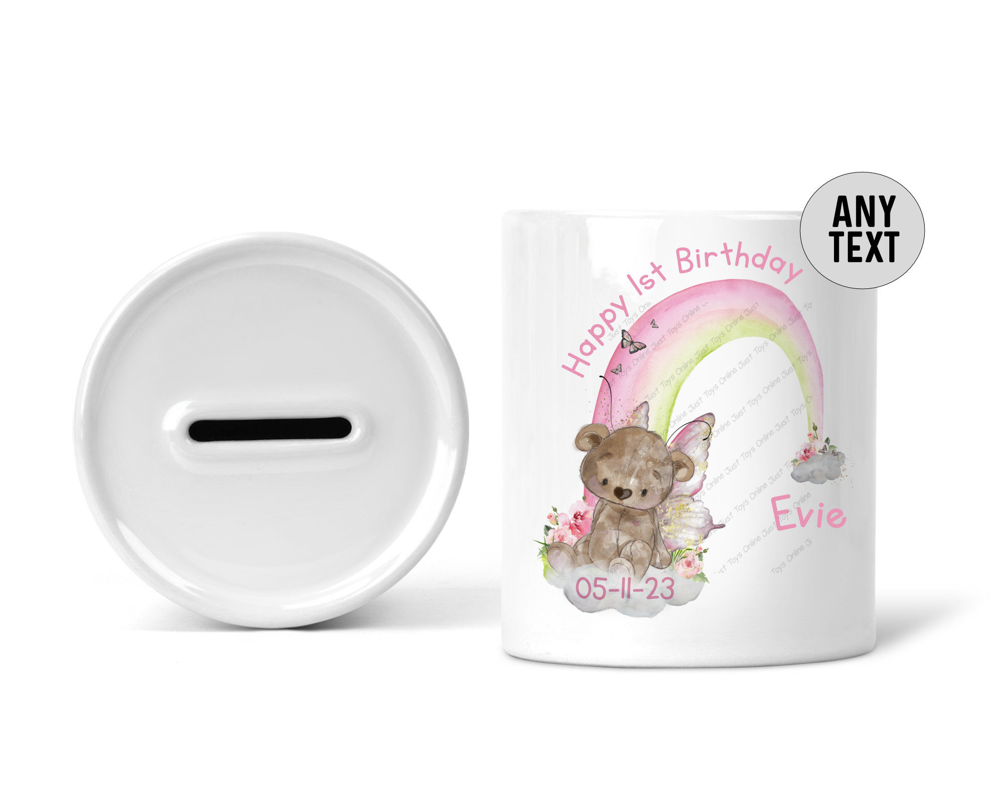 Personalised Sitting Butterfly Teddy Bear Rainbow Ceramic Money Box