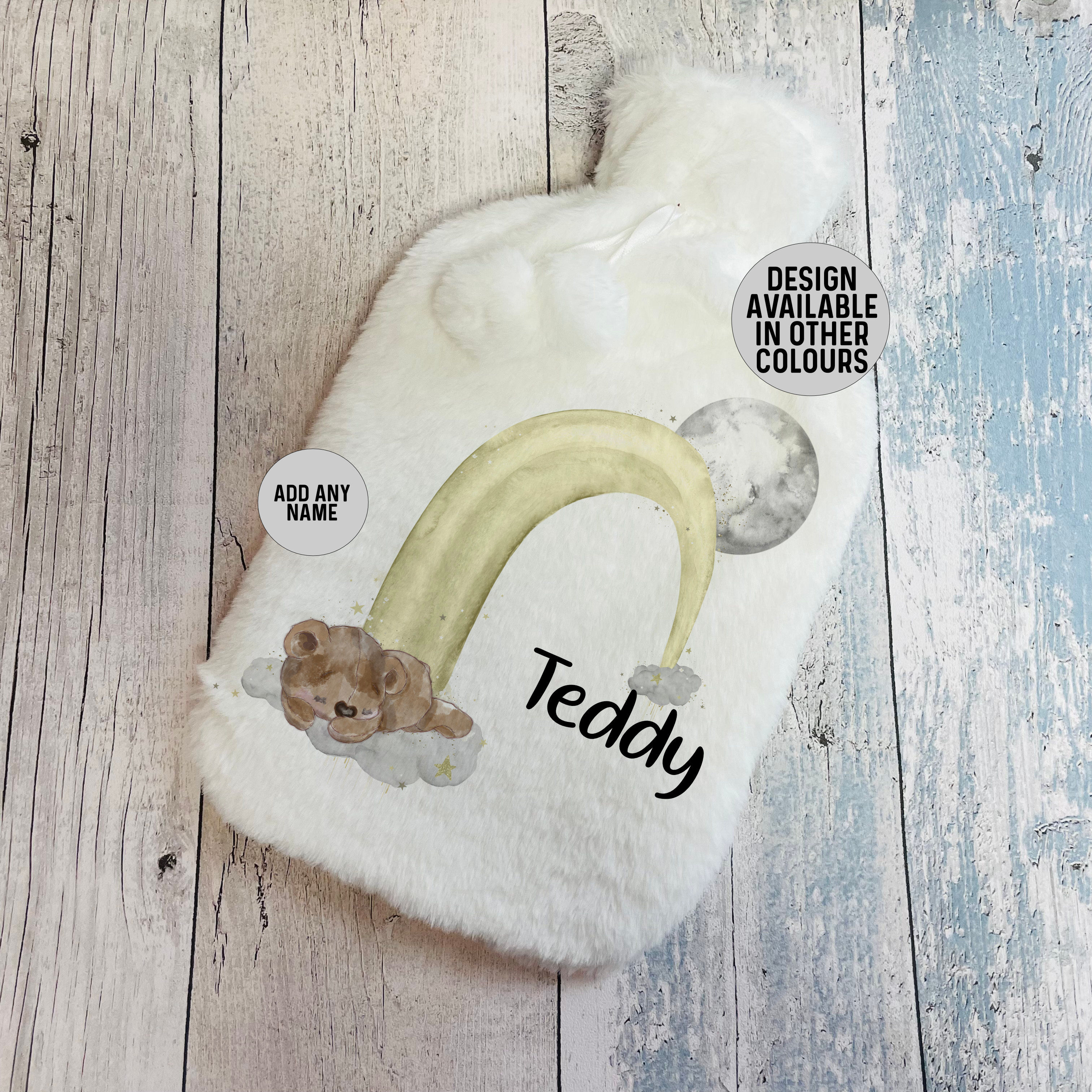 Personalised Sleeping Teddy Bear Rainbow Hot Water Bottle