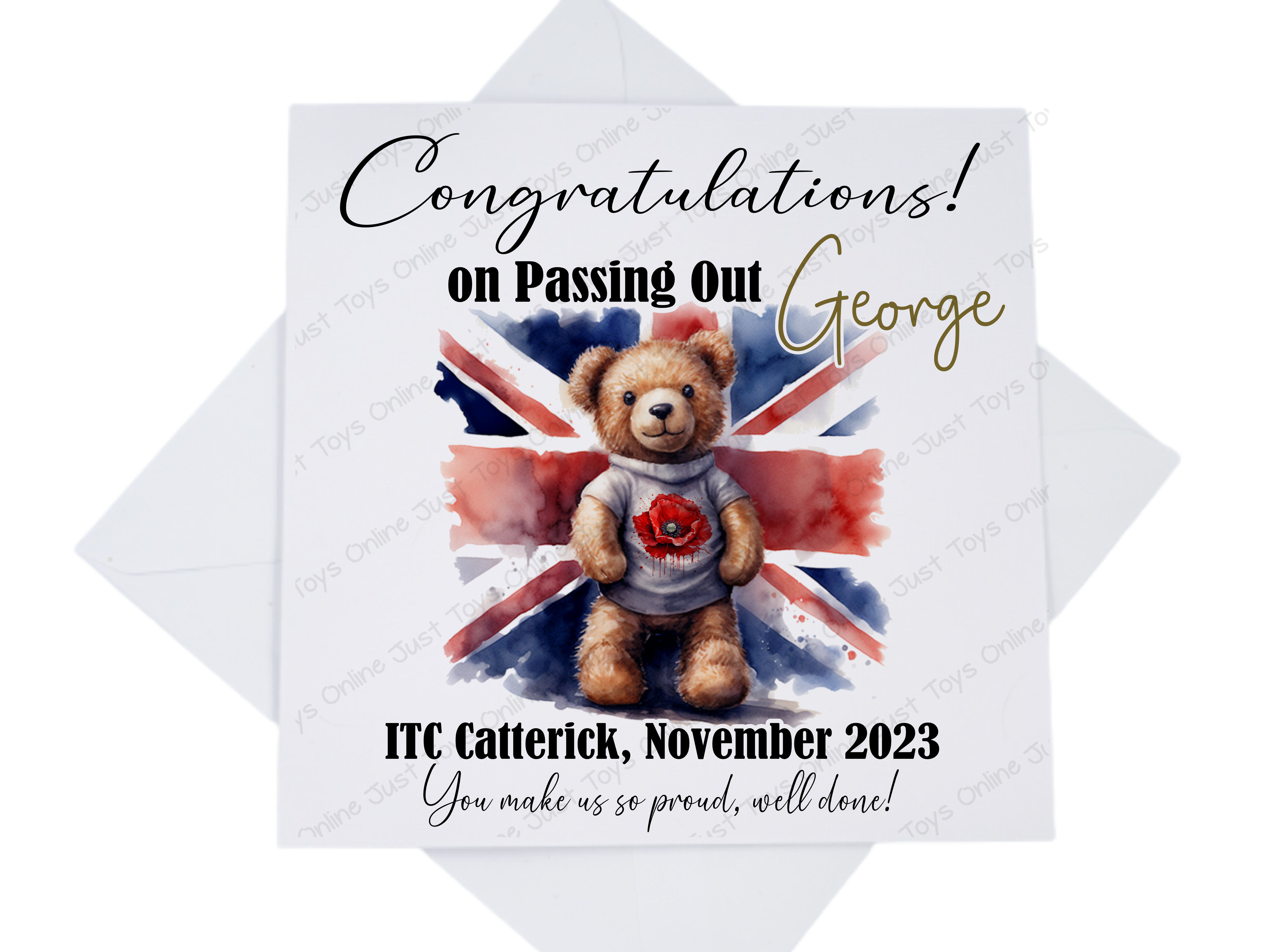 Personalised Passing Out Card, UK Flag Poppy Bear Card