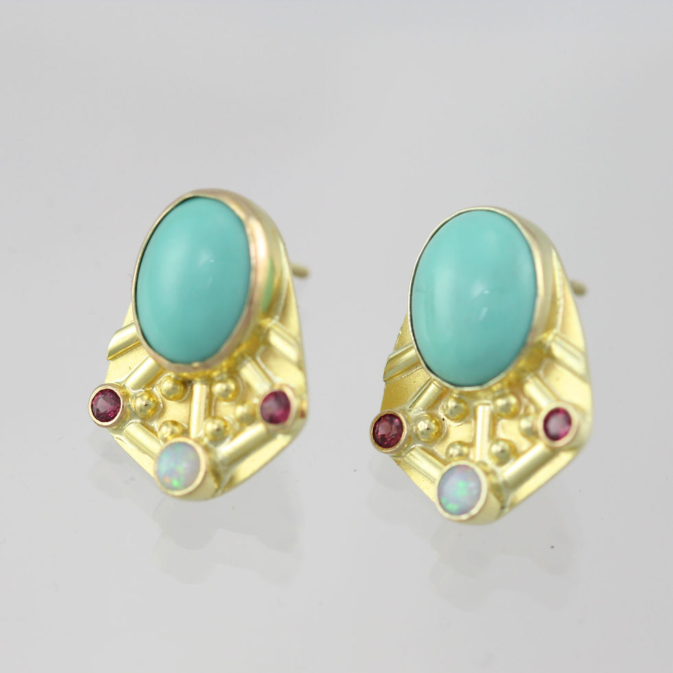 Thumbnail: Oval Mexican Turquoise Byzantine Posts with Opal & Rhodolite Garnet 14ky gold