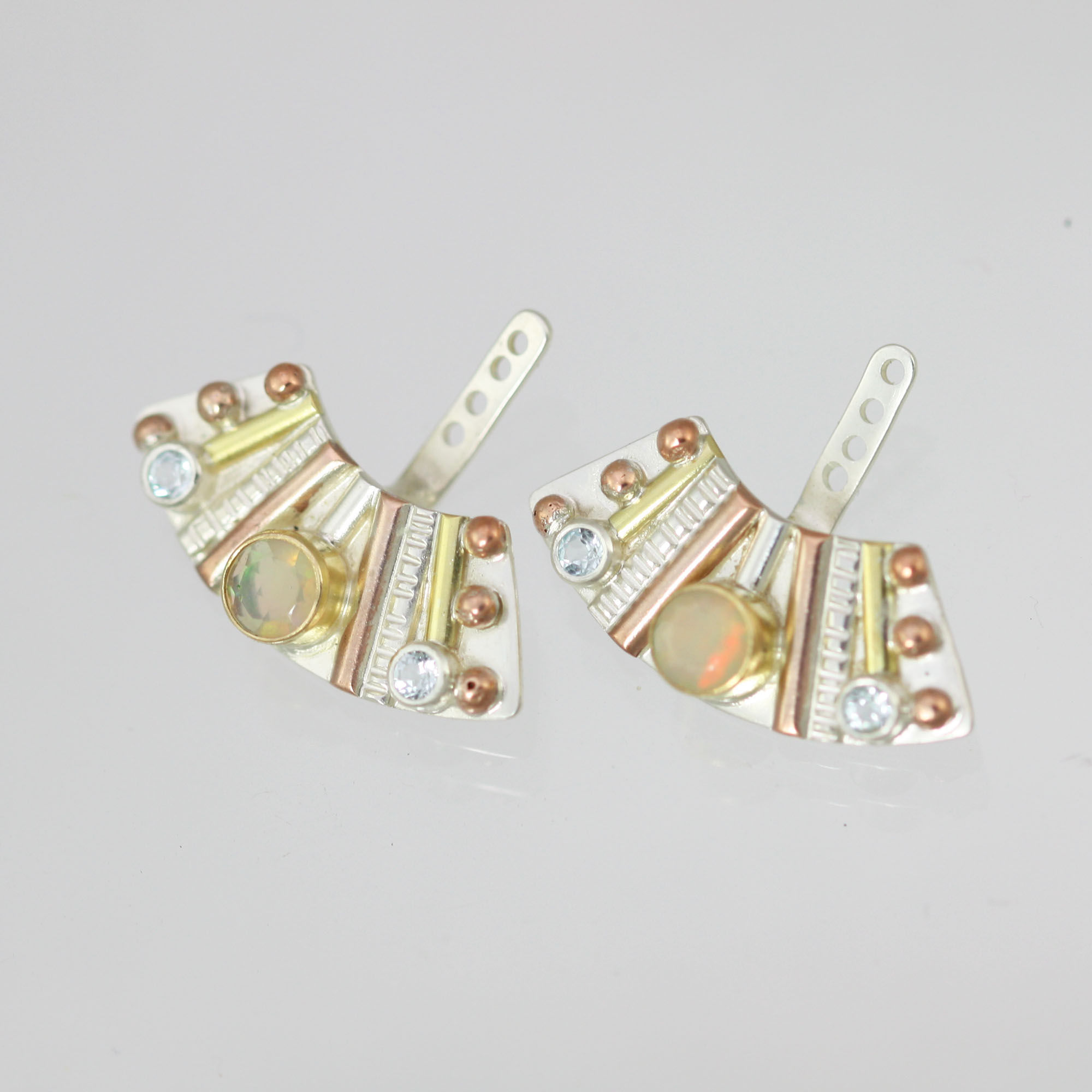 Totem with 3 Stones Earjackets in 14ky Gold, Sterling Silver, Copper