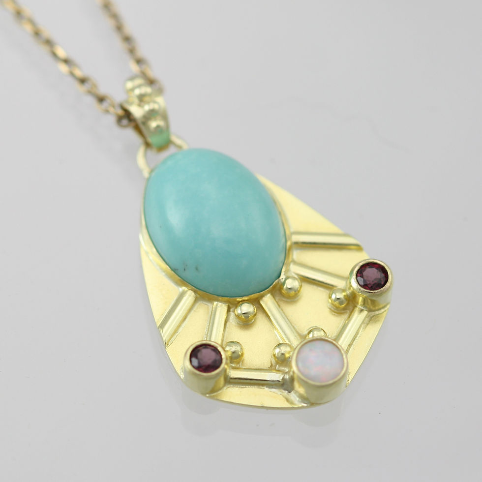 Thumbnail: Oval Mexican Turquoise Byzantine Necklace w-3 Stones (Opal, Rhodolite Garnet) in